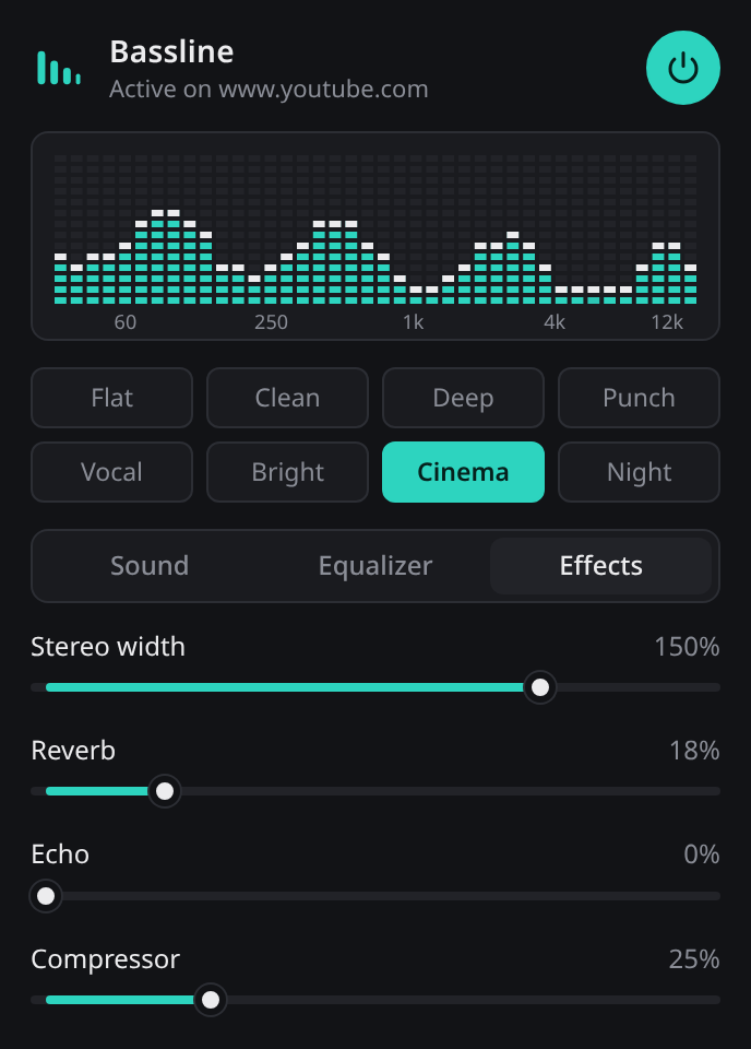 Effects tab with stereo width, reverb, echo and compressor sliders