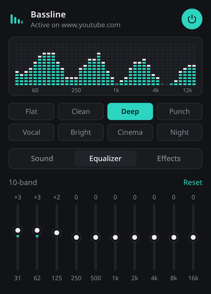 Equalizer tab with ten vertical band sliders