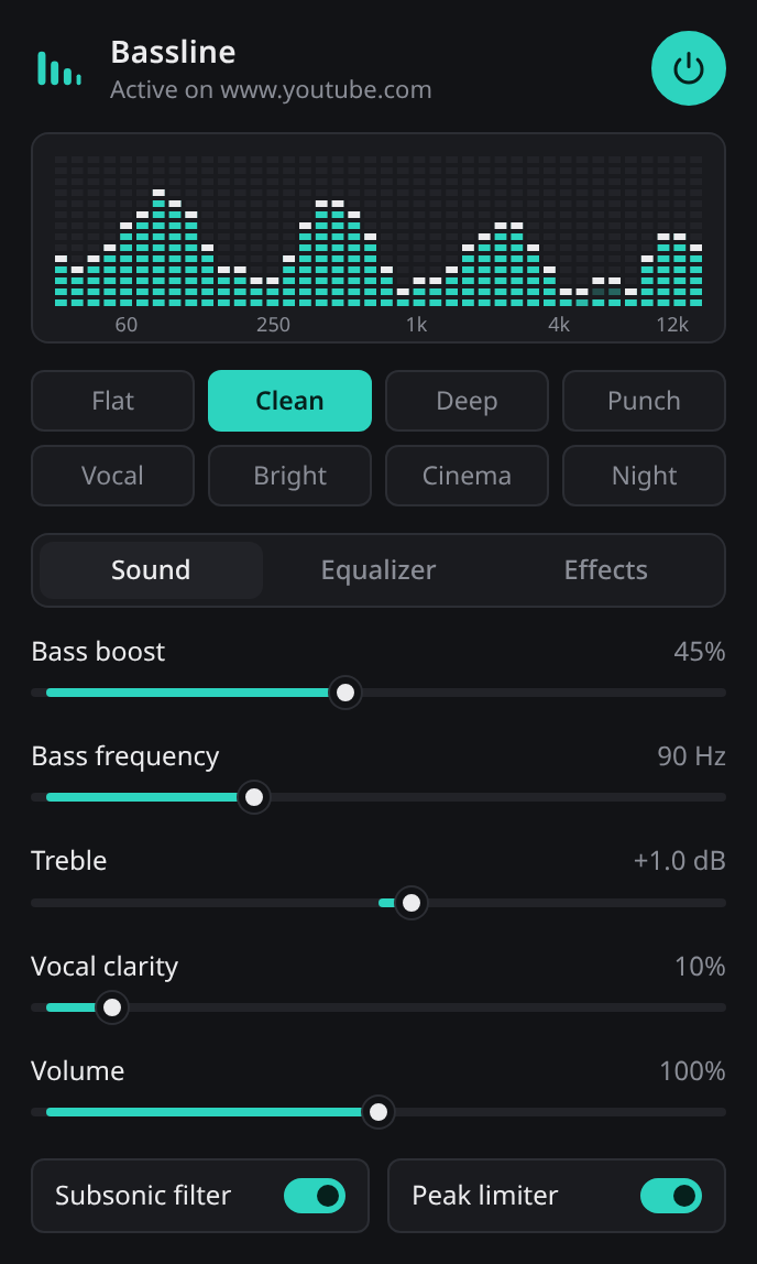 Bassline popup showing the spectrum meter, presets and the bass boost, treble, clarity and volume sliders